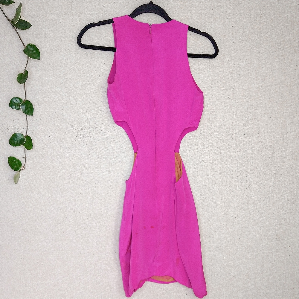 FLAWED Naven Hot Neon Pink Side Cut Out High Neck 100% Silk Mini Dress Size XS - Picture 4 of 10